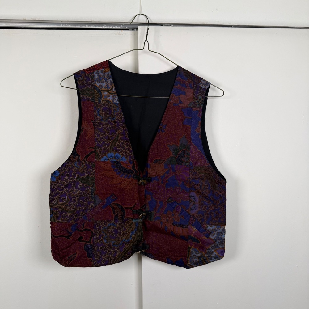 Vintage Batik Patchwork Cotton Vest Purple Burgundy Coin Button Boho Sleeveless